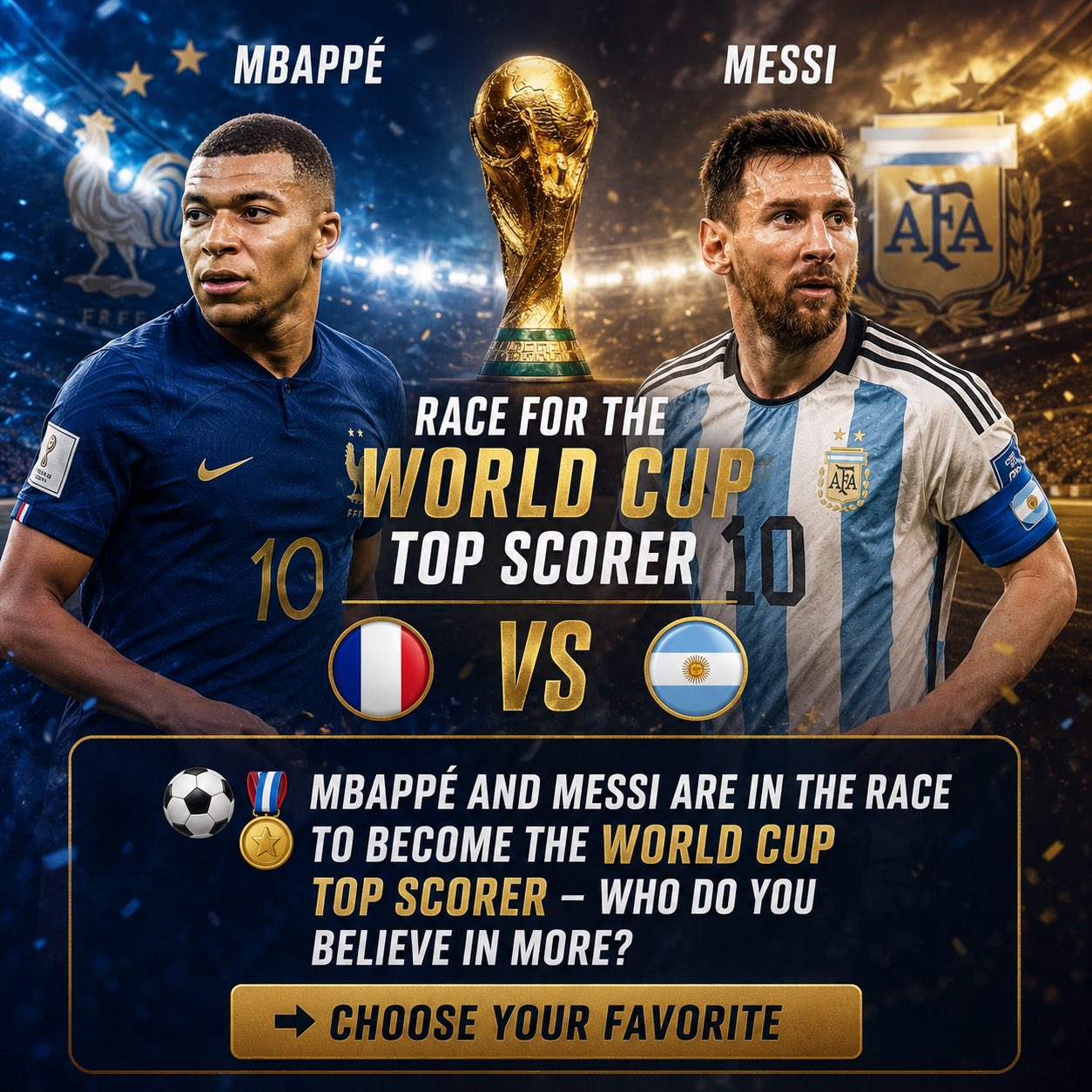 ⚽️🥇 Mbappé 🇫🇷 and Messi 🇦🇷 are in the race to become the World Cup’s top scorer — who do you believe in more?